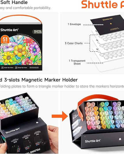 Shuttle Art Pastel Alcohol Markers Brush tip, Dual Tip Brush & Fine Tip Art Marker Set, 50 Colors plus 1 Blender Marker Pens with Case Perfect for Illustration Kids Students Adults Coloring Sketching