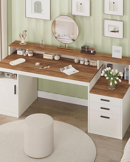 65 Inch Computer Desk with 3 Drawers & Storage Shelves, Executive Desk with File Drawer & Cabinet, Home Office Desk with Long Monitor Stand & Printer Shelf, Antique White