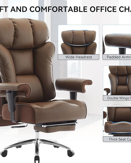Big and Tall Ergonomic Office Chair 450LBS with Foot Rest, High Back PU Leather Executive Chair with Adjustable Padded Armrests, Lumbar Support for Home or Work, Heavy Duty Computer Chair, Brown