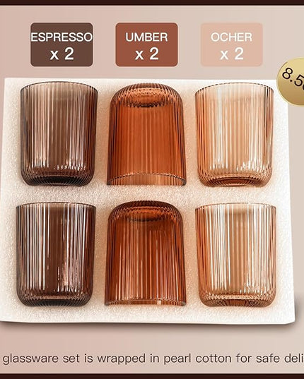 Drinking Glasses, Melanin Colored Highball Glasses Set of 6, Ribbed Glassware Glass Cups, Water Glasses for Juice, Iced Coffee Cups, Cocktail Glasses - Christmas Gifts - 8.5 oz