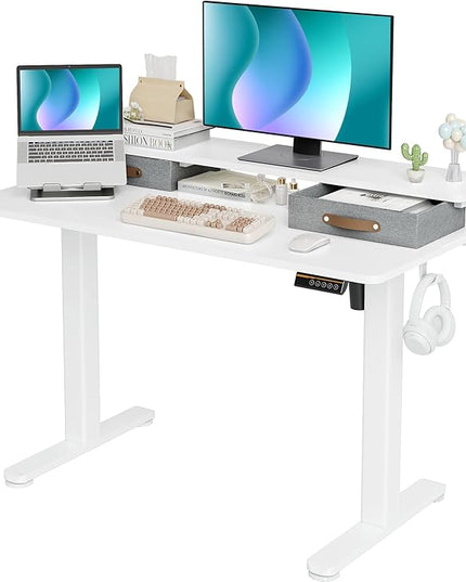 Seang Electric Standing Desk with 2 Drawers, Adjustable Standing Desk with Storage Shelf, Height Adjustable Stand up Desk for Home Office with 3 Presets & 2 Hooks, 48 Inch, White