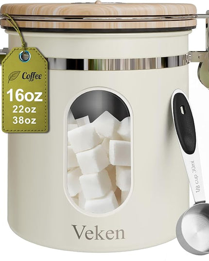 Veken Coffee Sugar Canister with Window, Airtight Stainless Steel Kitchen Food Storage Container with Lids, Date Tracker and Scoop for Grounds Coffee, Beans, Tea, Flour, Cereal Jars, 16OZ, Cream