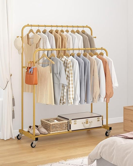 Laiensia Double Rods Garment Rack with Wheels, Clothing Rack for Hanging Clothes,4 Hooks, Multi-functional Bedroom Clothes Rack, Gold
