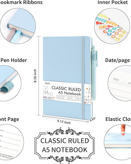 feela 18 Pack Journal Notebook for Work, Business Notebook Bulk Hardcover Lined Writing Journal with Pen Holder for Men Women Note Taking, with 18 Black Pens, 120 GSM, 5.1”x8.3”, A5, Light Blue