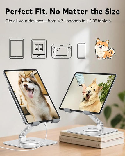 Aoviho Adjustable Tablet Stand for iPad - 360° Rotating Aluminum Desk Holder, Foldable Stable Stand for iPad Pro 12.9/11, Samsung Galaxy Tab, Home Office & Travel, Silver