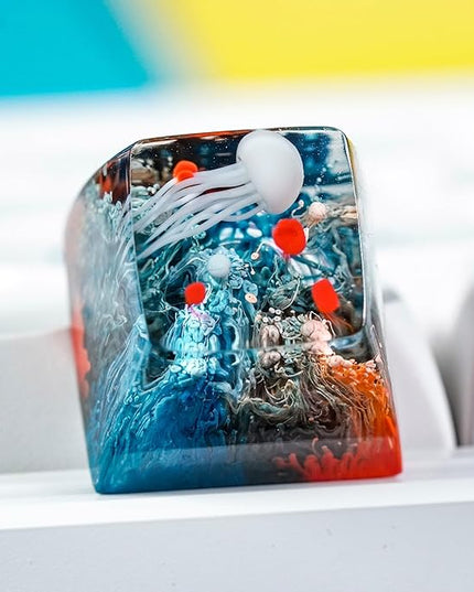 Jellyfish Artisan Keycap Deep Ocean Coral Reef R1 SA Profile Custom Sea Creature Keycaps 1U ESC Handmade Gaming Sea Resin Key Cap Cherry MX Switch Compatible Mechanical Keyboard Jellyfish Lover Gift
