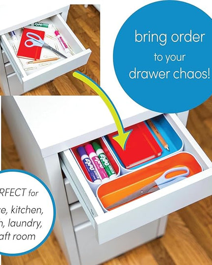 Three by Three Seattle 6 Piece Shallow Metal Organizer Tray Set for Storing Makeup, Stationery, Utensils, and More in Office Desk, Kitchen and Bathroom Drawers (1 Inch, Gold and White)