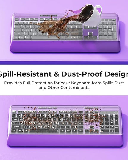 Wireless Keyboard and Mouse Set with Quiet Keys, 2.4G Full Size Purple Keyboard and Mouse with Wrist Rest, Protective Covers, Soft Touch Silent Design for Windows, Computer, PC and Laptop