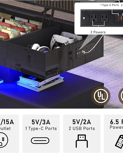 47.2" Large Lift Top Coffee Table,Modern High Glossy LED Coffee Tables for Living Room with Storage,Black Living Room Tables for Living Rooms,Dining Room,Bedroom Home Office,APP LED Lights（Black）