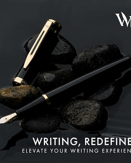 Wordsworth & Black Fountain Pen Set, 18K Gilded Medium Nib, Includes 24 Pack Ink Cartridges, Ink Refill Converter & Gift Pouch, Gold Finish, Calligraphy, [Black Gold], Perfect for Men & Women