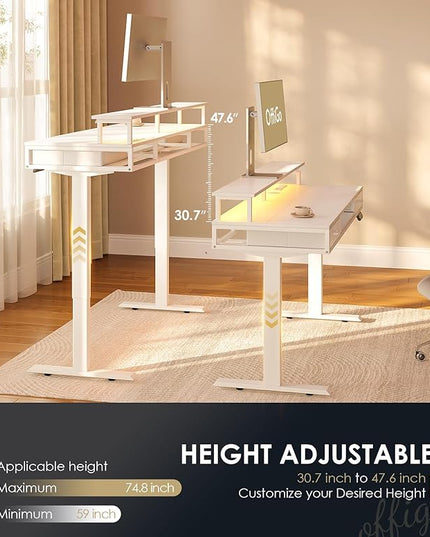 OffiGo Electric Standing Desk with Drawers & Keyboard Tray, 63 Inch Height Adjustable Desk with Power Outlets & LED Lights, Sit Stand Table with Monitor Stand for Home, Office, White