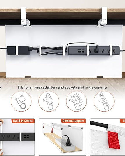 Univivi No Drill Under Desk Cable Management Tray, 28" Cord Organizer for Table, Clamp/Screw Mount Desk Cable Management, Premium Fabric Cable Management Tray for Office, Home