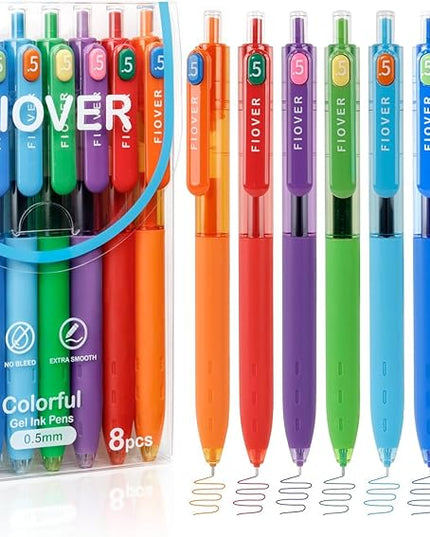 FIOVER Colored Gel Pens, 0.5mm Quick Dry Ink Fine Point Smooth Writing Colorful Pens for Journaling, School Supplies, Gifts for Nurses and Teens, Stocking Stuffers for Women (8PCS)