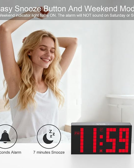 KWANWA Digital Alarm Clock with Auto-Dimmable LED Pixel Display, Weekend Alarm Mode, Plug-in Power with Battery Backup, DST Adjustment, Small Clock for Bedroom Desk (Red LED)
