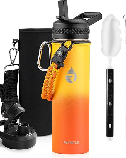 Insulated Water Bottle 20 oz, Triple Wall Vacuum Stainless Steel (Cold for 48 Hrs), Leak Proof & Non-BPA, Kids Water Bottle Jug for School with Straw Spout Lids, Ombre Orange