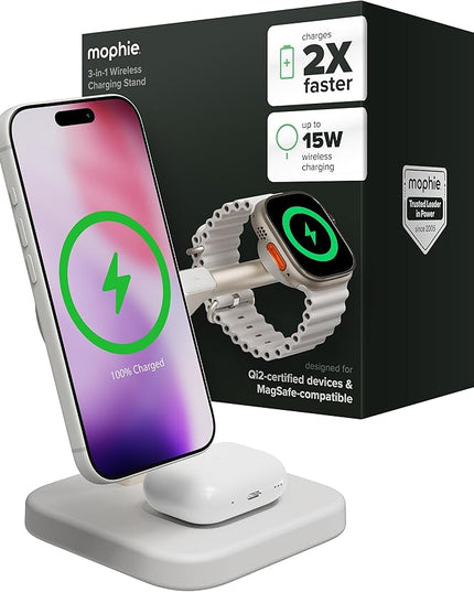 Mophie 3-in-1 Wireless Charging Stand - Qi2-Certified, MagSafe Charger for iPhone, Apple Watch & AirPods – Fast Charging Station with Adjustable Phone Stand & Cable Management – Up to 15W Power, White