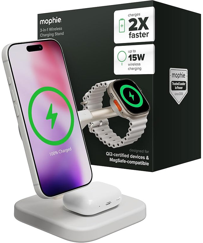 Mophie 3-in-1 Wireless Charging Stand - Qi2-Certified, MagSafe Charger for iPhone, Apple Watch & AirPods – Fast Charging Station with Adjustable Phone Stand & Cable Management – Up to 15W Power, White