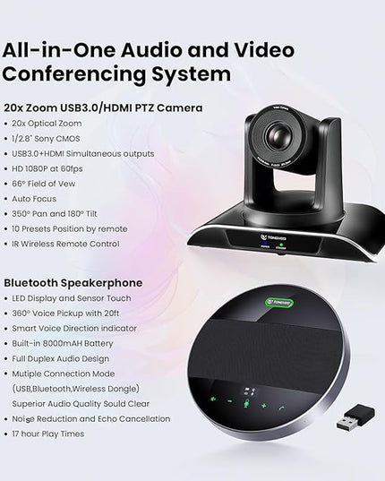20x Zoom Conference Room Camera System TONGVEO All-in-1 Video and Audio Conferencing System 20X Optical Zoom USB3.0 HDMI PTZ Camera and Conference speaker with microphone Bundle for large Meeting Room