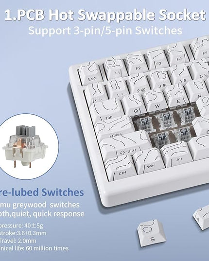 HUO JI 75% Wireless Mechanical Gaming Keyboard, Bluetooth/2.4G/USB Wired, Creamy Sound, RGB Backlit, Hot Swappable Pre-lubed Linear Switches, Volume Knob, Custom Gasket Structure for Win/Mac, White