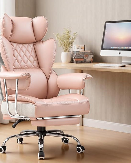 COMHOMA Big and Tall Office Chair, High Back Leather Gaming Chair with Footrest, Executive Ergonomic Office Chairs with Pocket Spring Lumbar Support and with Outward Fixed Soft Armrests
