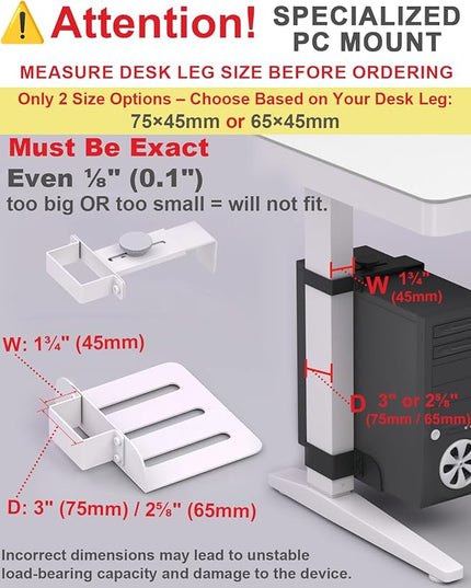 Under Desk PC Mount - No Drilling 40 lb Capacity, Computer Holder Under Table, Adjustable Height and Width, Clamp-on Leg PC Mount for Standing Desks (Fits 65mm×45mm Legs), with Non-Slip Pads, White