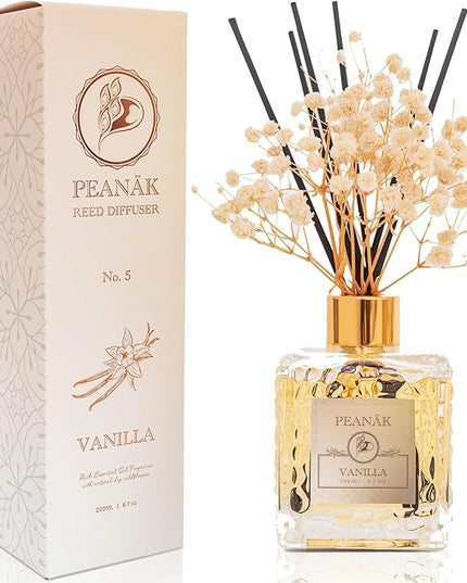 Reed Diffuser Set - Vanilla Coconut Oil, Oil Diffuser Sticks, Bathroom Diffuser, Bathroom Shelf Decor, 200ml with Preserved Flowers - PEANÄK