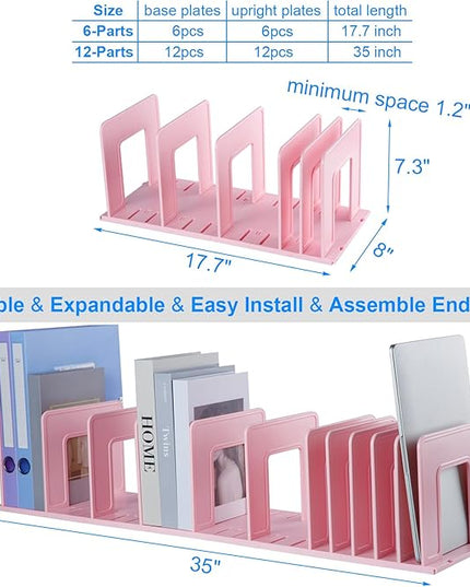 Adjustable Vertical File Sorter Sturdy Plastic Expandable Upright File Holder, Desktop Binder Organizer, School Office Organization Bookshelf Divider, Assemble Easily Endlessly, Pink