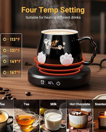Coffee Mug Warmer & Cute Cat Mug Set, Beverage Cup Warmer for Desk Home Office with 4 Temperature Setting Up to 167℉/ 75℃, Coffee Warmer for Cocoa Milk Tea Water Candle, 8 Hours Auto Shut Off (Black)