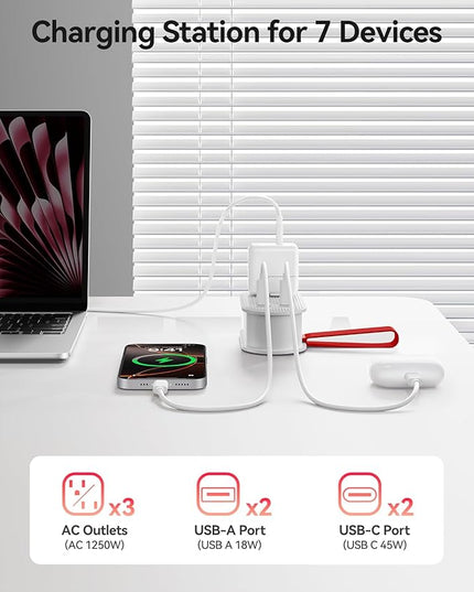 ORICO 45W Power Strip for iPhone 17 and Galaxy S25, 7 in 1 Charging Station with 3AC, 2 USB-A, 2 USB-C, 4ft Thin Extension Cord, Flat Plug Fashion Essential for Travel/Home/Office/Library/Dorm - TK45