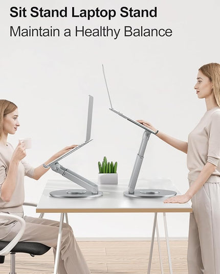 tounee Telescopic Laptop Stand for Desk with 360° Swivel Base, Sit to Stand, Height Adjustable, Portable Riser Holder for Good Posture, Compatible with All Laptops 10-17"-Silver