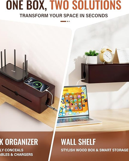 Cinati Large Cable Management Box, 15.8" Wooden Cable Organizer for Floor Wires Storage, Wall Mount Cord Hider Box for Electrical Cord Management, Power Strip Wire Organization for Desktop Home Office