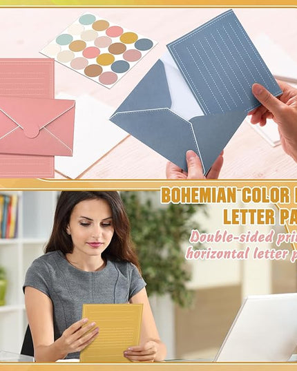 TaoBary 160 Packs Stationery Paper Set (50 Double Sided Stationery Writing Papers 50 Matching Envelopes) 60 Round Dot Sticker, 10 Design (5.5 x 8.25 Inch,Boho Color)