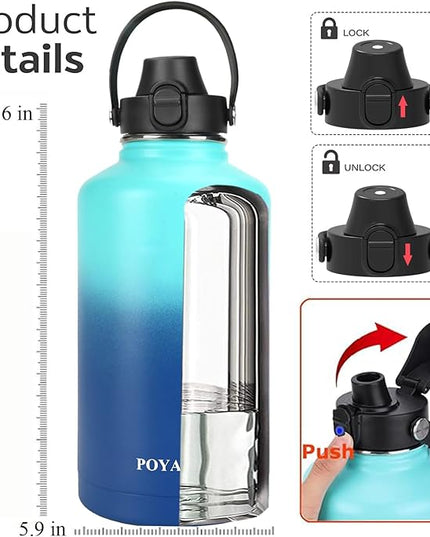 Water Bottle Insulated 32oz 40oz 64oz 128oz Straw Lid Spout Lid & 3 Lids, Leak Proof, Vacuum Insulated,Stainless Steel Water Bottle Wide Mouth for Sports, Gym or Office