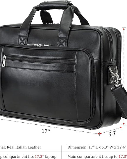 compalo Men's Solid Thick Full Grain Leather 17.3" Laptop Briefcase Classic Messenger Bag Fit Business Travel | Solid, Thick, Full Grain Leather, 17.3", Classic, Fit, Business Travel