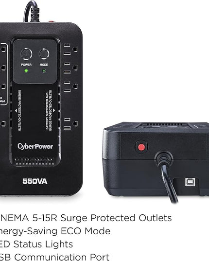 CyberPower EC550G Ecologic UPS Battery Backup and Surge Protector, 550VA/330W, 8 Outlets, ECO Mode, Compact, UL Certified