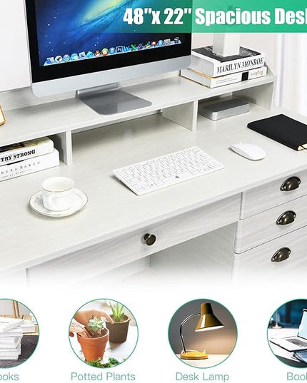 Tangkula White Desk with 4 Storage Drawers & Hutch, Home Office Computer Vintage Desk, Writing Study Table with Storage Shelves, Wooden Executive Desk (White)