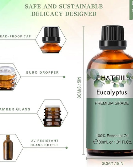 PHATOIL Eucalyptus Essential Oil 30ML, Pure Eucalyptus Essential Oils for Diffuser, Humidifier, Aromatherapy, Perfect for DIY Soap, Candle, Bath Bombs Making