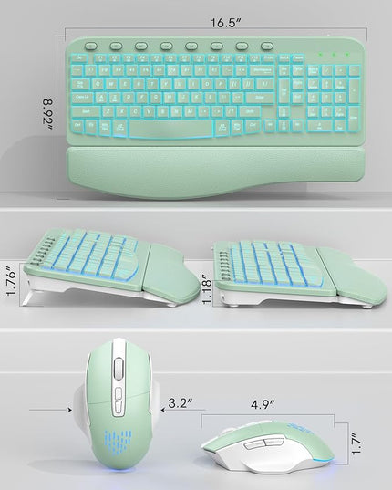 SABLUTE Ergonomic Wireless Keyboard and Mouse Combo - Wave Keyboard with Soft Leather Wrist Rest, Resistant Keys, RGB Backlit Rechargeable Set for PC/Mac/Chromebook (Green)