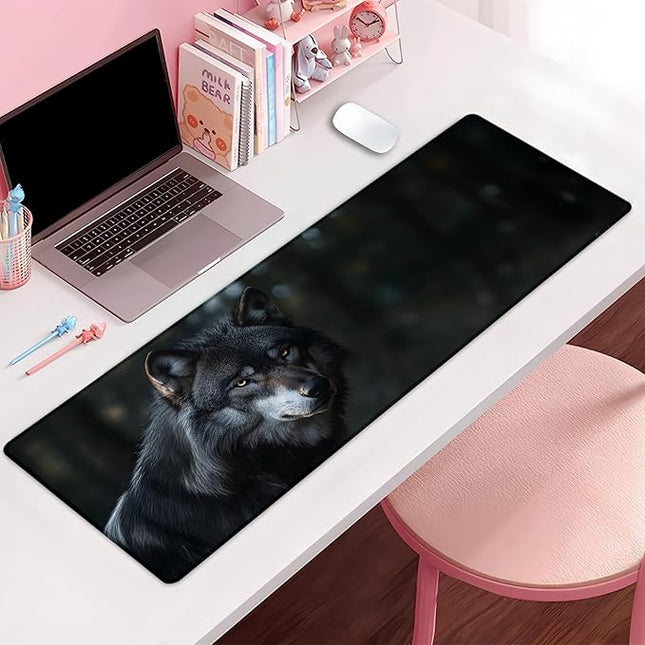 Black Wolf Extra Large Gaming Mouse Pad, Desk Mat, Non-Slip Rubber Base, MousePads for School, Work, Home Accessories Decor Gifts 31.5" x 11.8"
