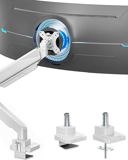 ARES WING Ultrawide Monitor Arm, Heavy Duty Single Monitor Mount for 13"-49" Curved Screens, Adjustable Stand for Desk with C-clamp & Grommet Base up to 40 LBS, White