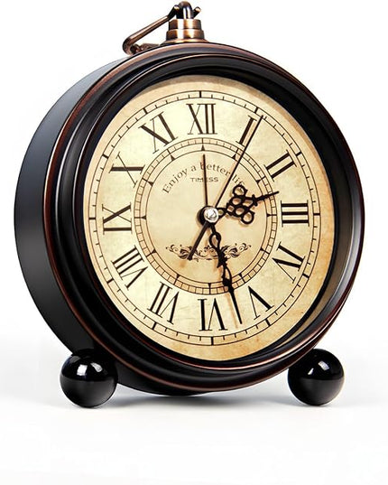 TIMESS Vintage Analog Alarm Clock, 4.3" Silent Non-Ticking Quartz Desk Clock with Roman Numerals, Battery Operated Table Clock for Bedroom, Living Room, Office, or Gift (White)