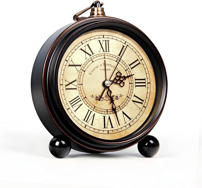TIMESS Vintage Analog Alarm Clock, 4.3" Silent Non-Ticking Quartz Desk Clock with Roman Numerals, Battery Operated Table Clock for Bedroom, Living Room, Office, or Gift (White)
