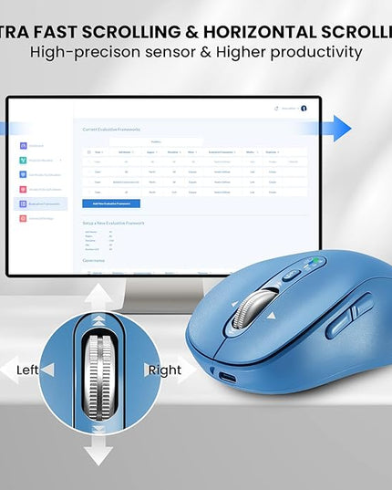 Wireless Bluetooth Mouse Rechargeable,USB+BT×2,Multi Device Quiet Ergo Computer Mouses,Metal 4-Way Super Scrolling,± 3200 DPI,10 Button,Plug&Play,Cordless Mice for Laptop,Tablet,Mac,iPad,PC,Phone-Blue