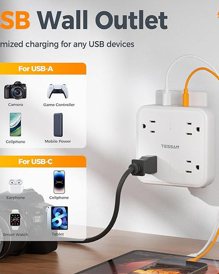 Surge Protector Outlet Extender, TESSAN Multi Plug Adapter with 4 Outlet Splitter and 3 USB (1 USB C), Multiple Plug Expander for Home Office Dorm Room Essentials
