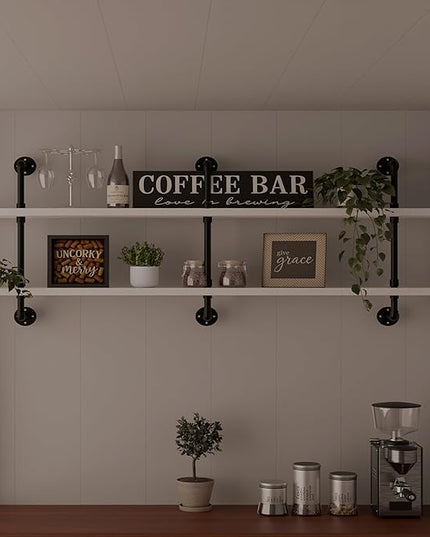 Industrial Pipe Shelving Rustic White Pipe Wall Shelves Industrial Shelves with Wood Planks Floating Shelves 60 Inch Farmhouse Bathroom,Kitchen Shelving Wall Mounted