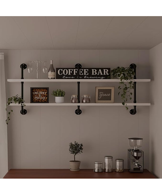 Industrial Pipe Shelving Rustic White Pipe Wall Shelves Industrial Shelves with Wood Planks Floating Shelves 60 Inch Farmhouse Bathroom,Kitchen Shelving Wall Mounted
