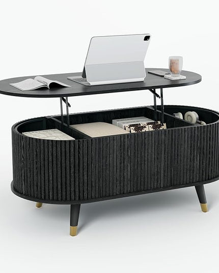 JOINICE 42.5" Oval Lift Top Coffee Table with Storage, Mid Century Modern Black Center Table with Fluted Panel, Solid Wood Legs & Hidden Compartment for Living Room