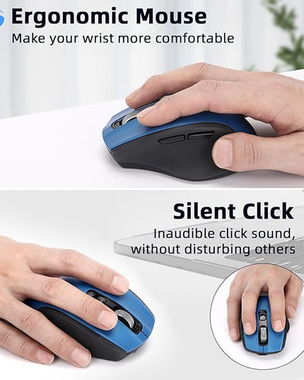 Wireless Mouse with Bluetooth, USB A, USB C Receiver, Rechargeable, Full Size Mouse, Ergonomic, Silent, for MacBook/Laptop/Computer/PC/iPad-Blue