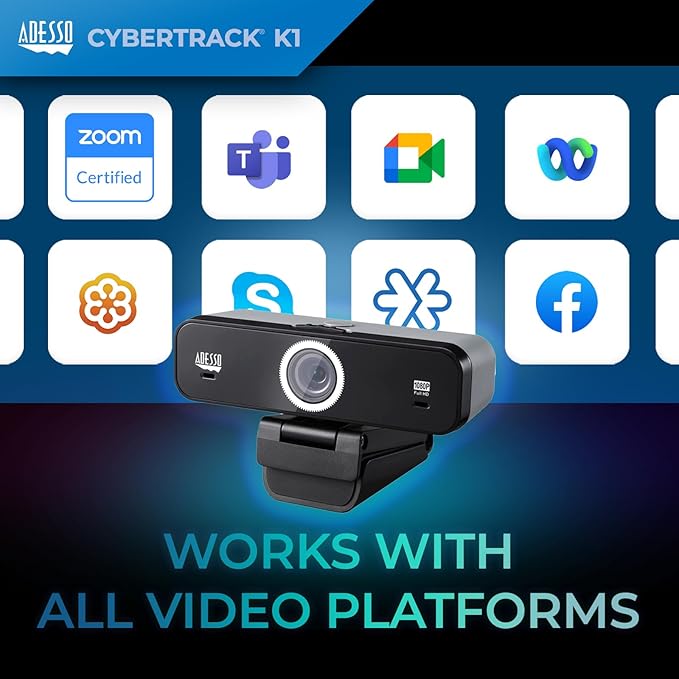 Adesso CyberTrack K1 1080P Full HD Fixed Focus USB Webcam with Adjustable View Angle Built-in Dual Microphones, Privacy Shutter, Audio/Video Mode Privacy ON/Off Switch & Tripod Mount