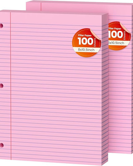 Pink Loose Leaf Paper 200 Sheets Colored Filler Paper 2 Pack 8 * 10.5 College Ruled 3-Hole Punched Paper for 3-Ring Binders Notebook Lined 8" x 10.5"